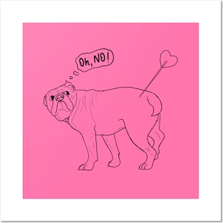 Oh, no! Touched by Cupid's arrow - funny english Bulldog With Heart Arrow - Humorous Valentine's Day, black lineart illustration Posters and Art